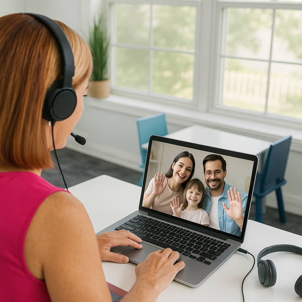 Therapist providing teletherapy. Family tuning in for their session on the screen